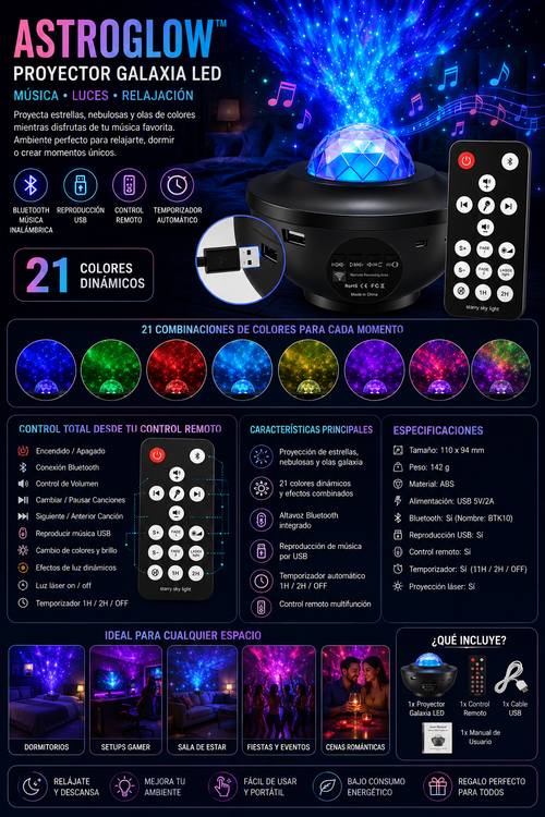 🌌 AstroGlow™ – Proyector Galaxia LED con Bluetoot