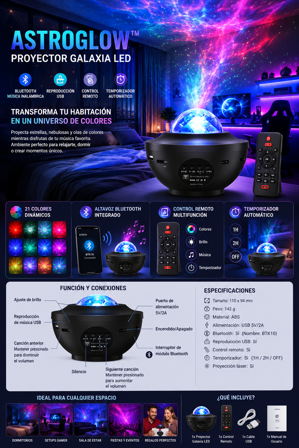 🌌 AstroGlow™ – Proyector Galaxia LED con Bluetoot