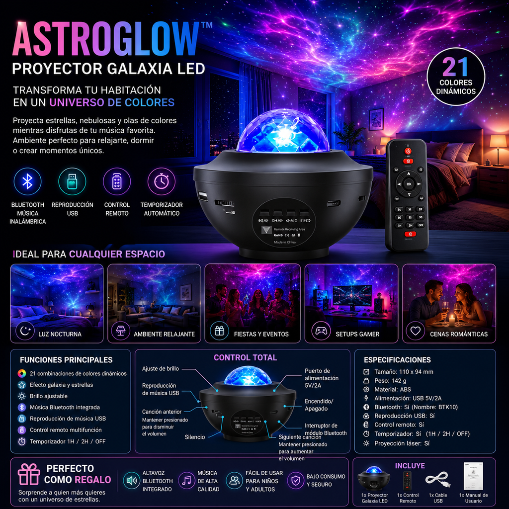 🌌 AstroGlow™ – Proyector Galaxia LED con Bluetoot
